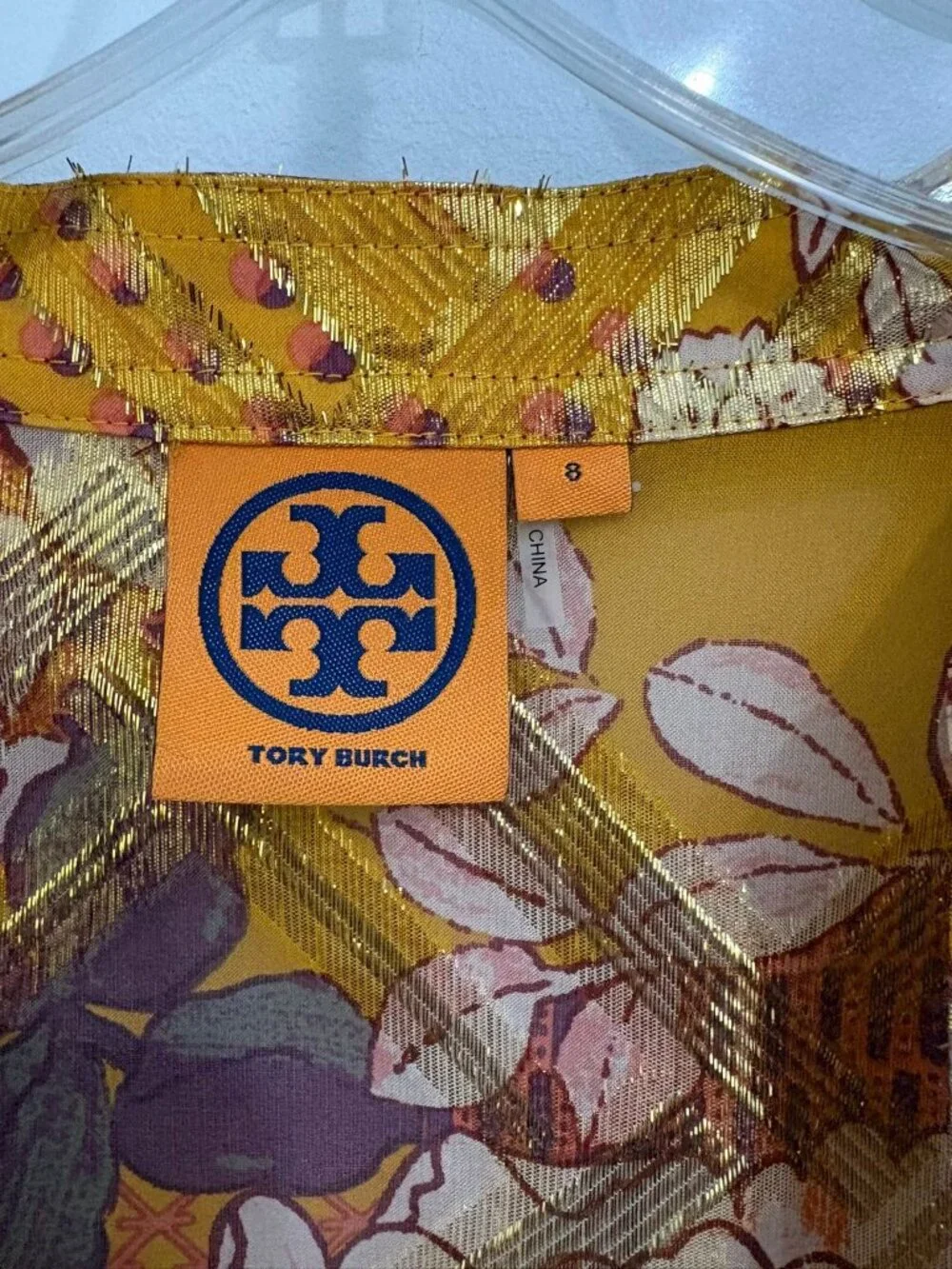 Tory Burch Silk Blend Gold Floral Metallic Sheer Tunic Blouse Size 8